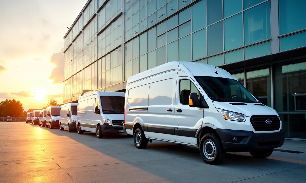 Schone vloot van witte bestelwagens bij zonsondergang